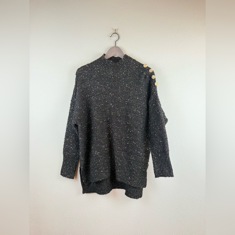 Tahari Knit Black Gold Metallic Flecks Buttons Shoulder Long Sweater Size M NWT